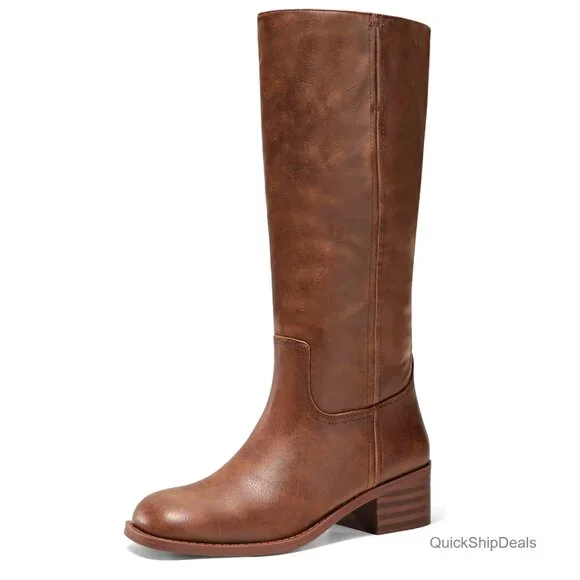 Women's Knee High Boots Square Toe Chunky Heel Comfortable Low Heel Shoes - Picture 1 of 7